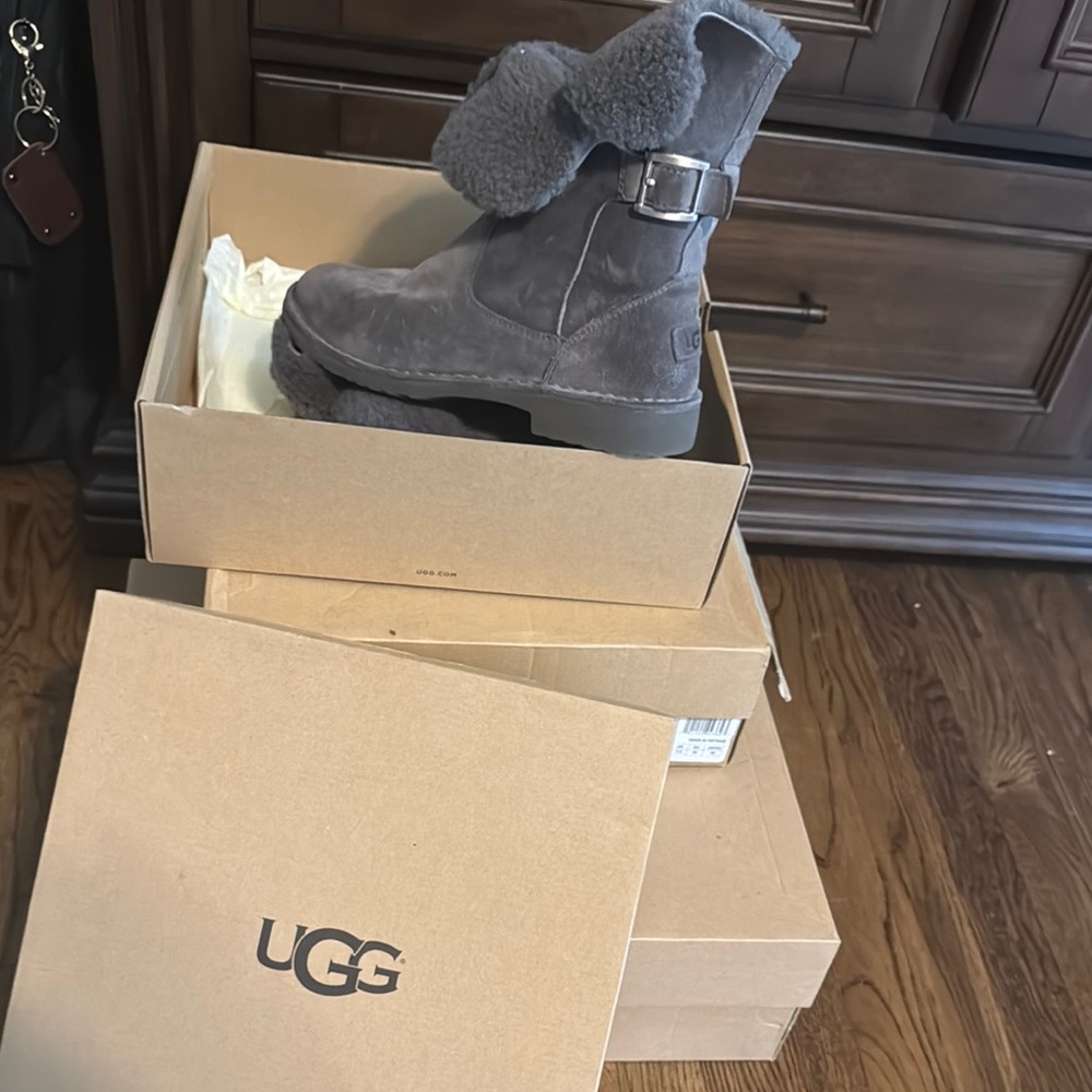UGG Charcoal Shearling Jannika Buckle Boots